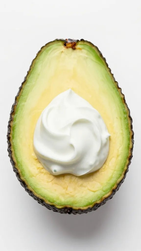 single ripe avocado half with ranch swirl in pit cavity