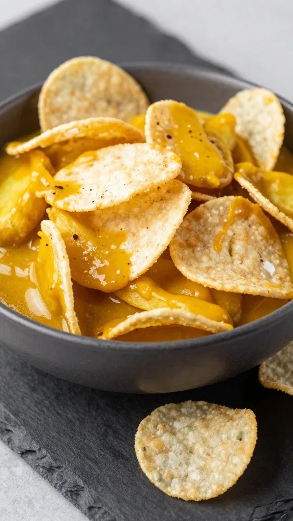 closeup bowl of coconut curry potato crisps on slate