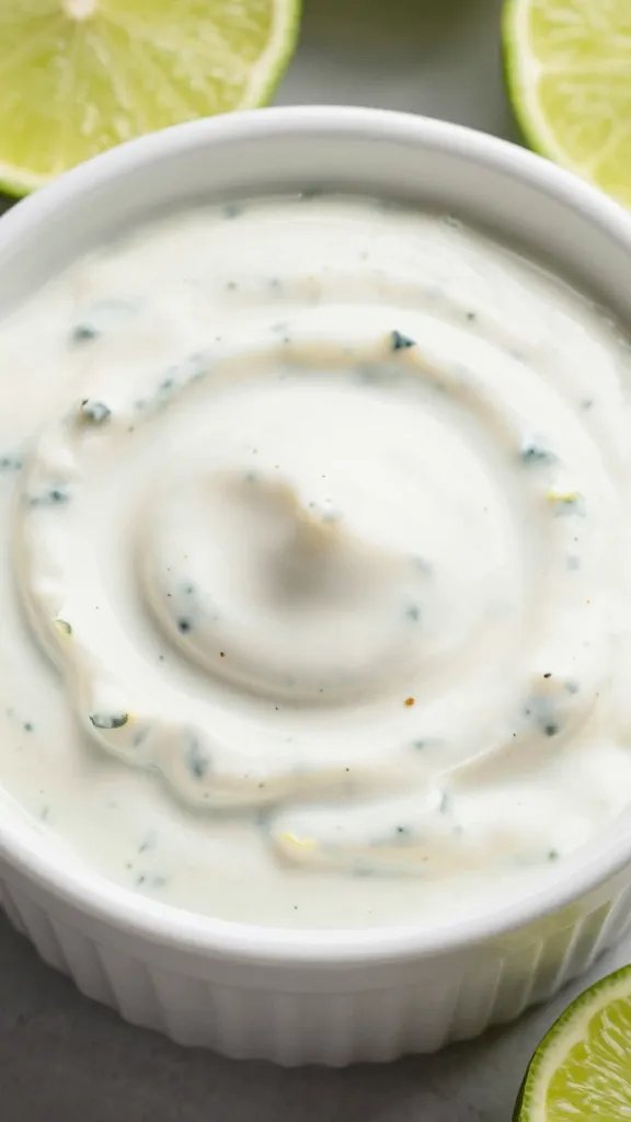 white ramekin of lime cilantro dip, overhead closeup