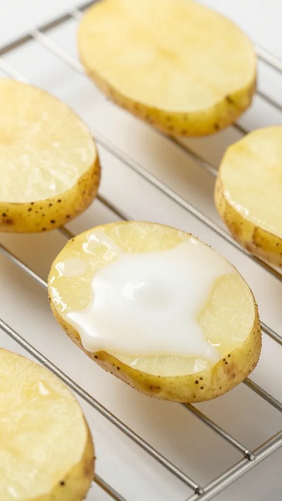 coconut milk brushed potato slice on wire rack, macro
