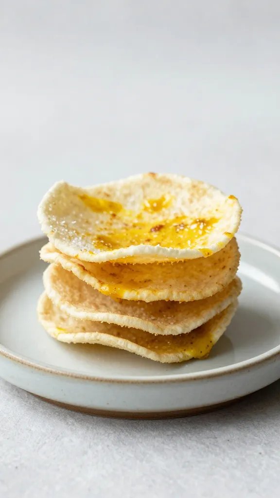 small ceramic plate with stacked coconut curry crisp