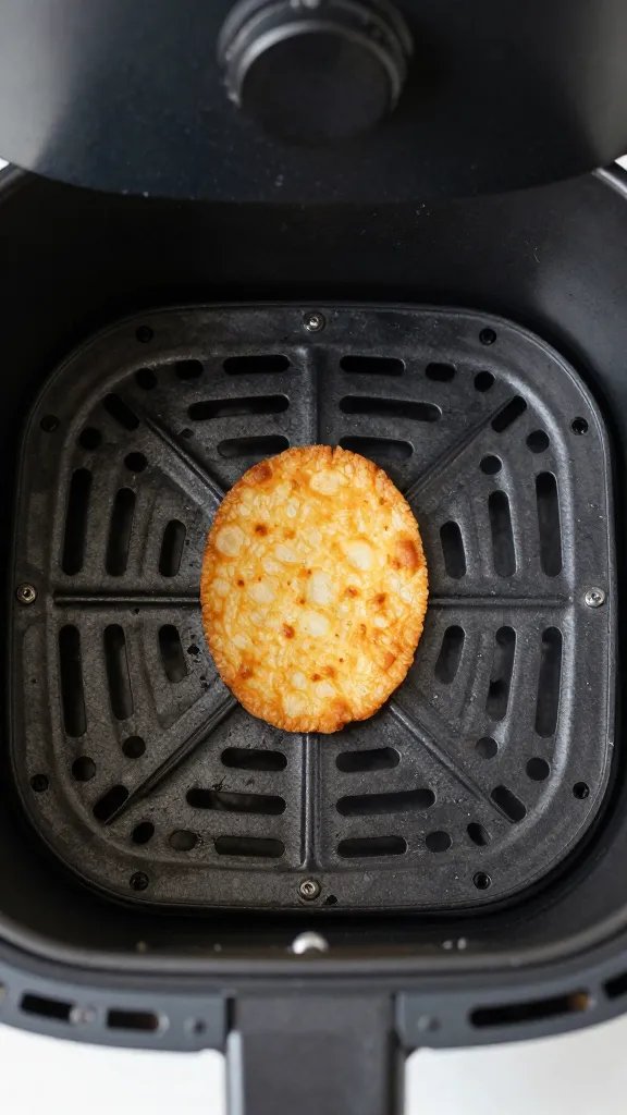 air fryer basket with one golden crisp centered