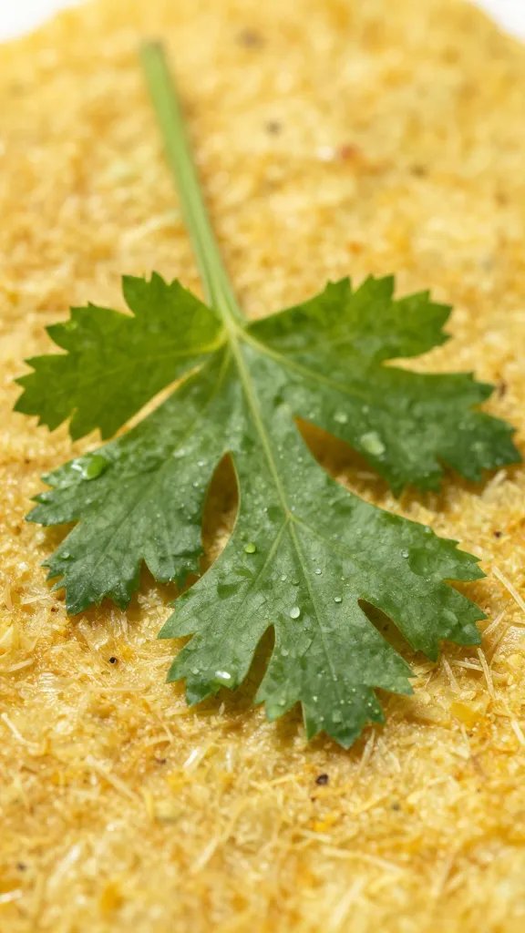 cilantro leaf resting on lone curry crisp, macro lighting