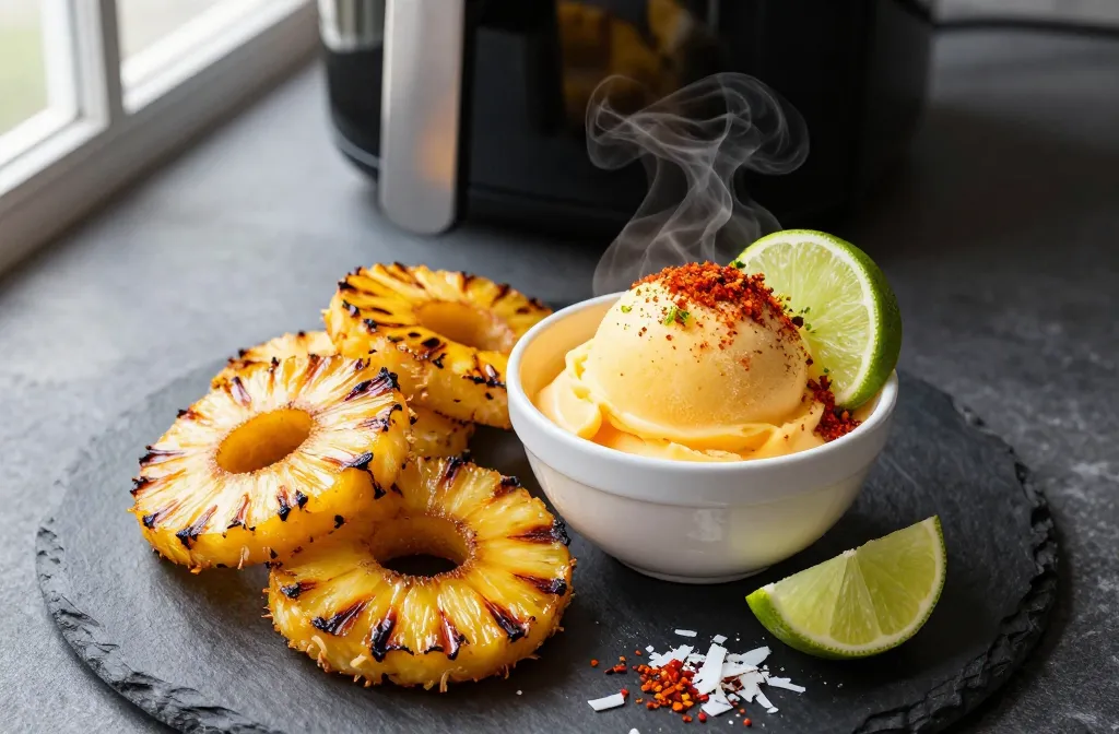 Crave-Worthy Air Fryer Charred Pineapple Rings (Chips), Chili Mango Sorbet Dip