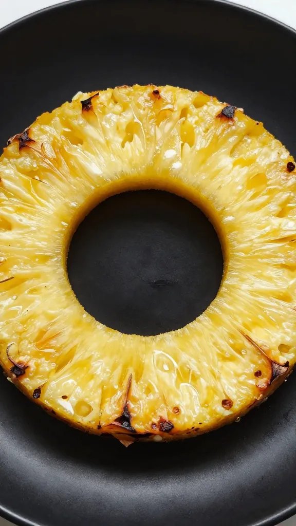 charred pineapple ring on matte black plate, closeup