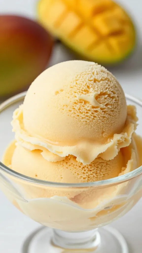 chili mango sorbet scoop in frosty glass bowl, closeup
