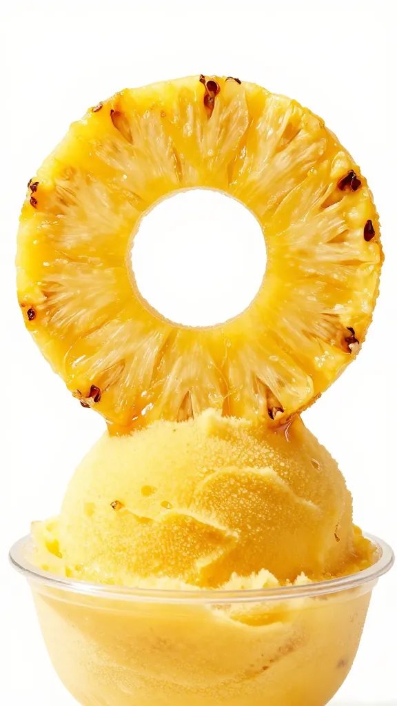 pineapple ring dipped halfway in chili mango sorbet