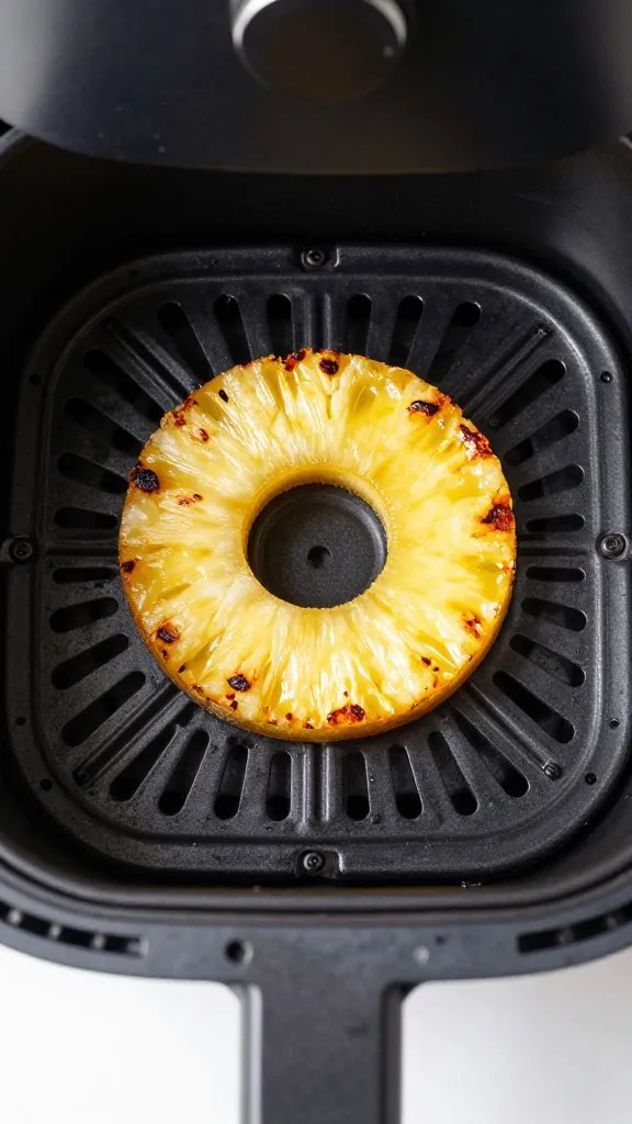 air fryer basket with single charred pineapple ring