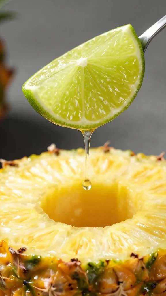 lime wedge squeezed over pineapple ring, macro drip