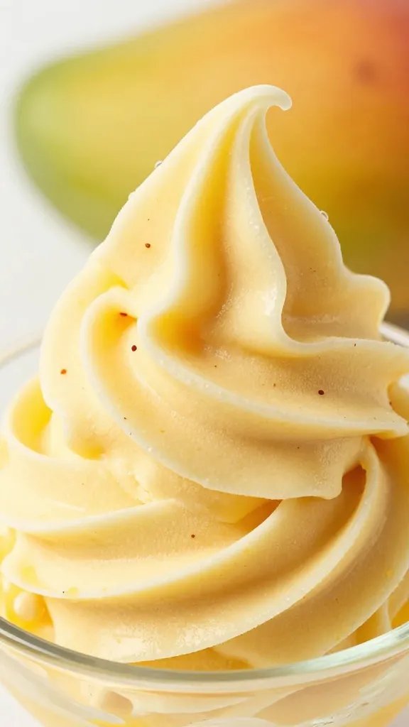 silky mango sorbet swirl with chili flecks, closeup