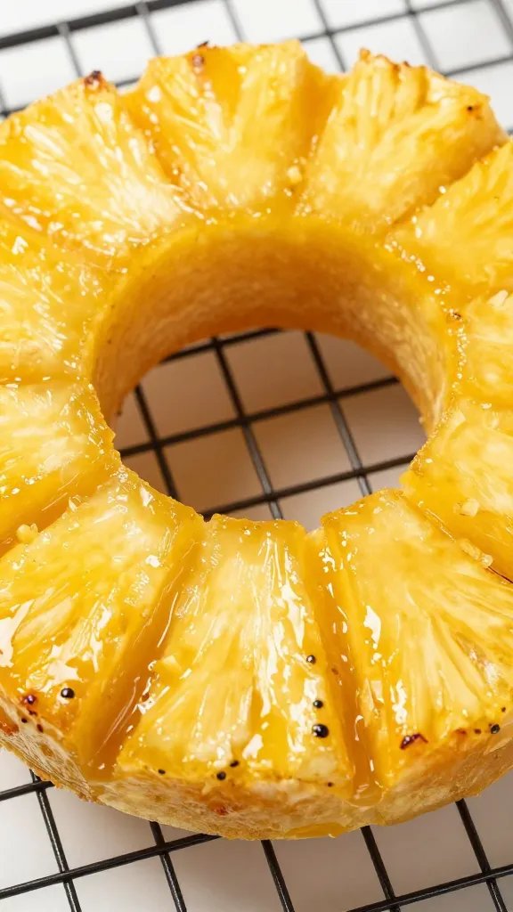 golden caramelized pineapple ring on cooling rack, closeup