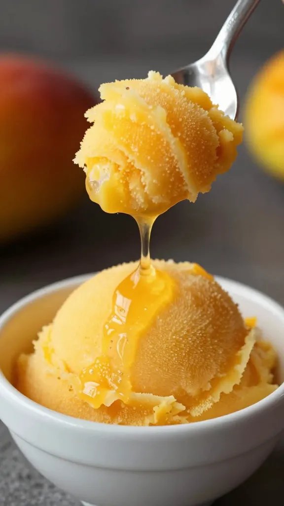 spoonful of chili mango sorbet held above bowl, closeup