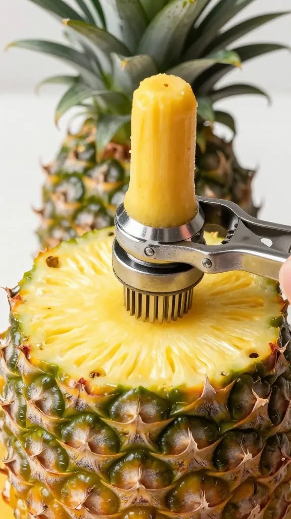 pineapple core cutter pressing into ripe pineapple, closeup