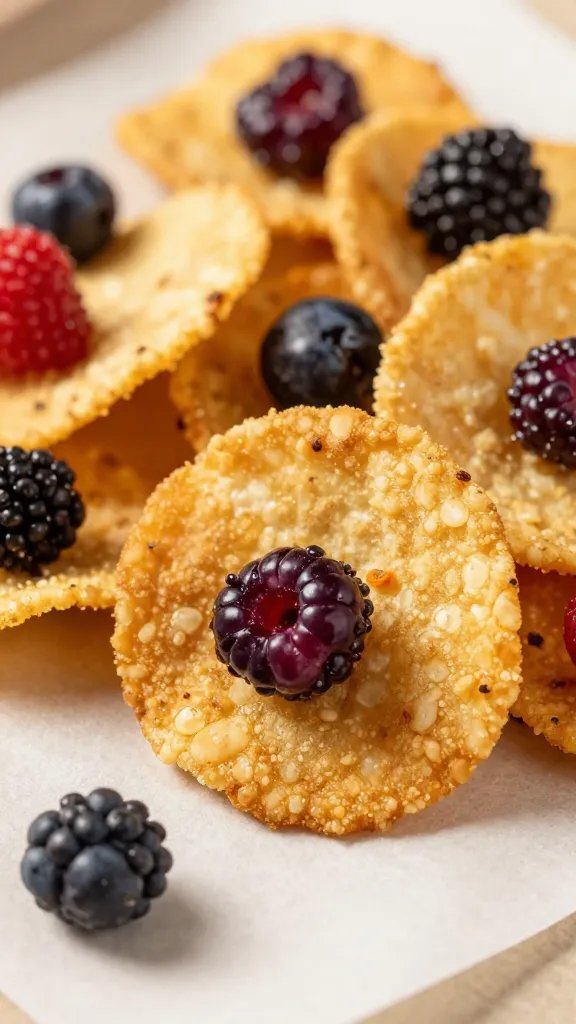 closeup of air-fried mixed berry chip on parchment