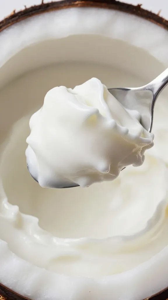spoonful of coconut whip with soft peaks, closeup