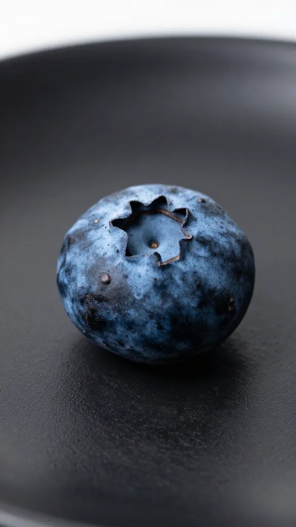 blueberry chip resting on matte black plate, macro