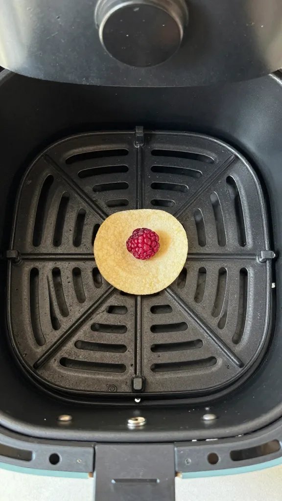 air fryer basket holding one berry chip, overhead