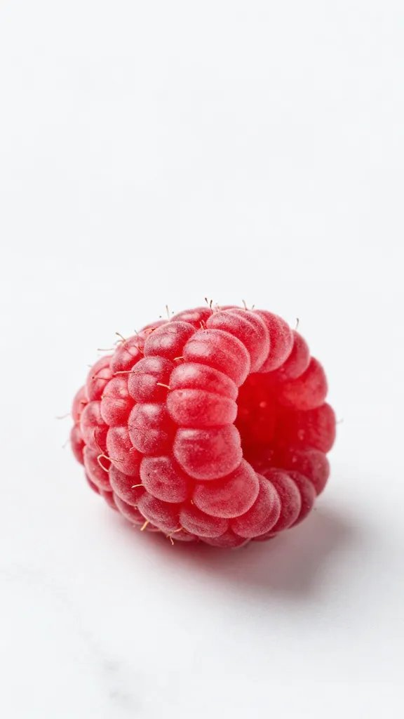 single raspberry chip on white marble surface