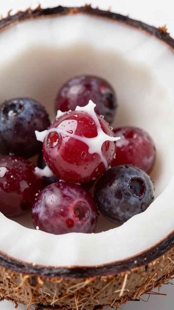 berry chip dipped halfway in coconut whip, macro