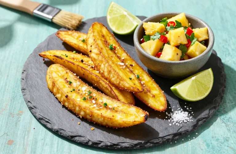 Craveable Air Fryer Coconut-Lime Crispy Plantain Wedges, Rum Pineapple Salsa