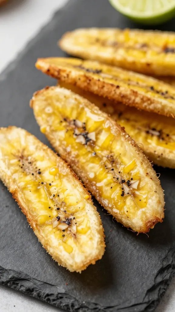 closeup of crispy coconut-lime plantain wedge on slate plate