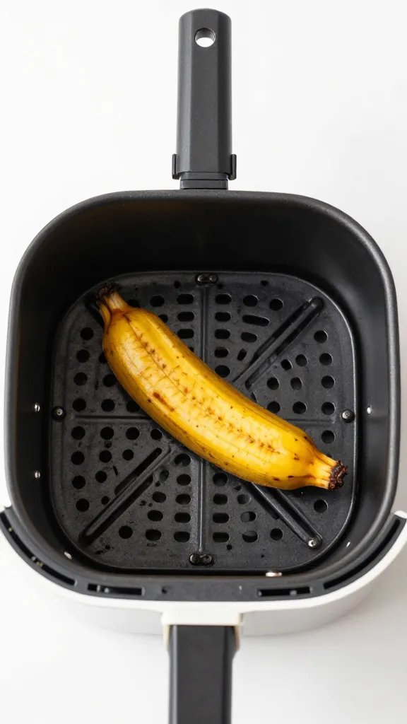 air fryer basket with one golden plantain wedge