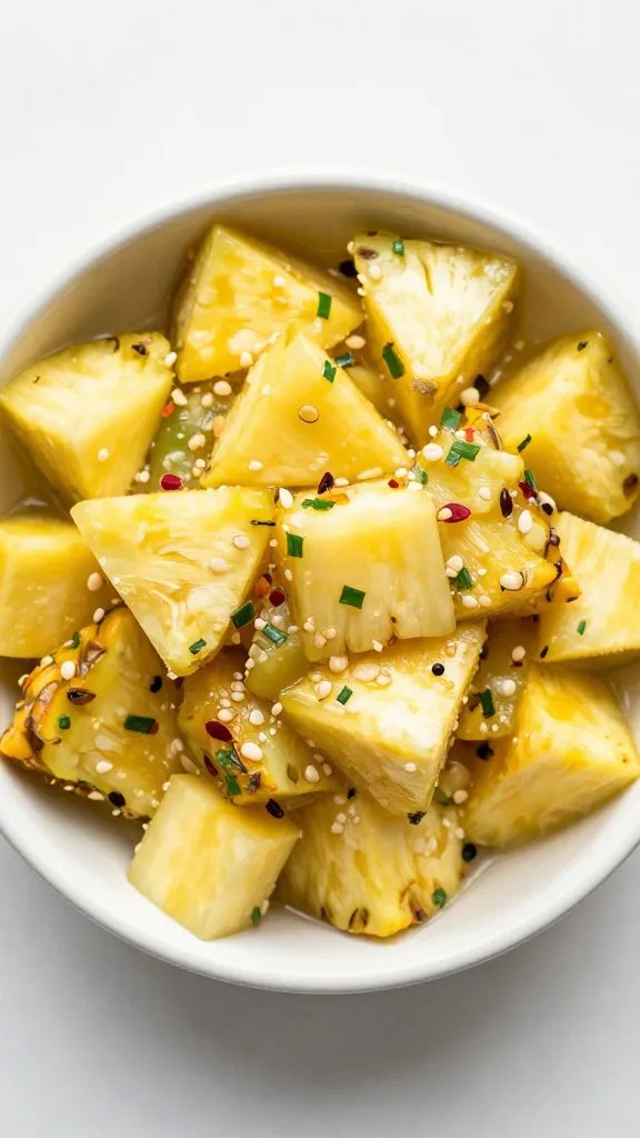 rum pineapple salsa in small ceramic bowl, overhead
