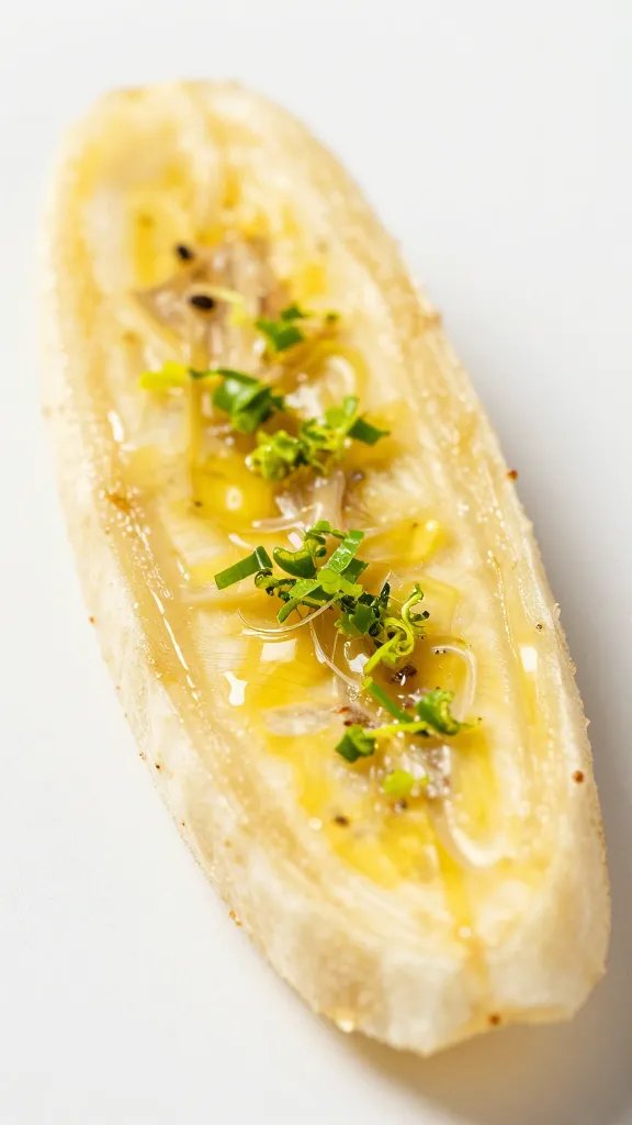 lime zest sprinkled on single plantain wedge, macro