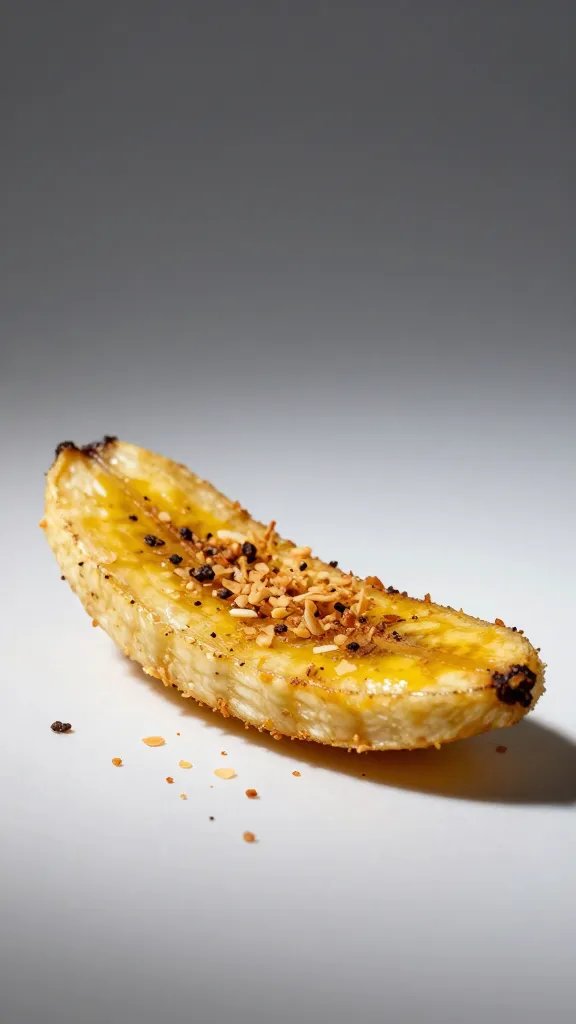 toasted coconut flakes on one plantain wedge, studio light