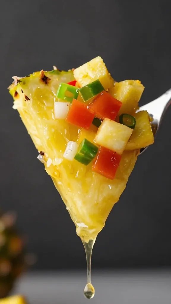single wedge dipped in rum pineapple salsa, drip captured
