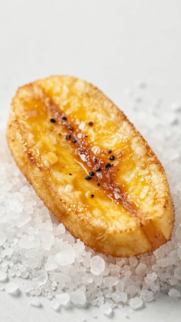 coarse sea salt on one caramelized plantain wedge, closeup