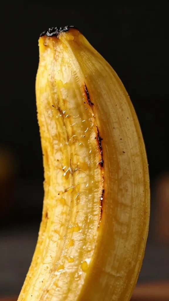 charred edge detail of one plantain wedge, dramatic lighting