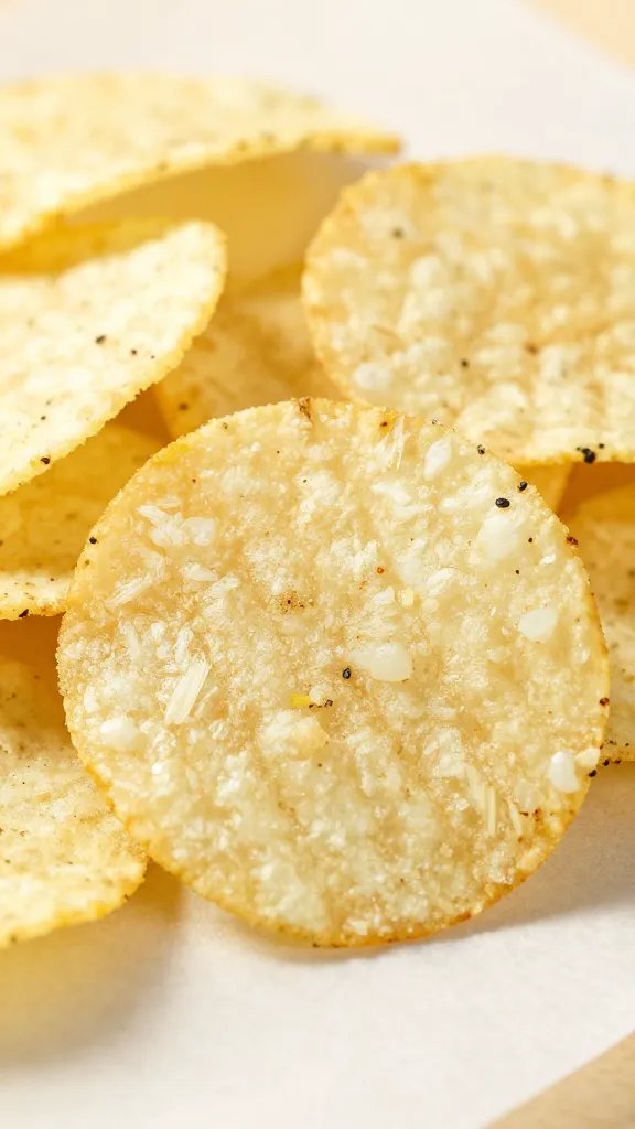 closeup of basil-lemon zest potato chip on parchment