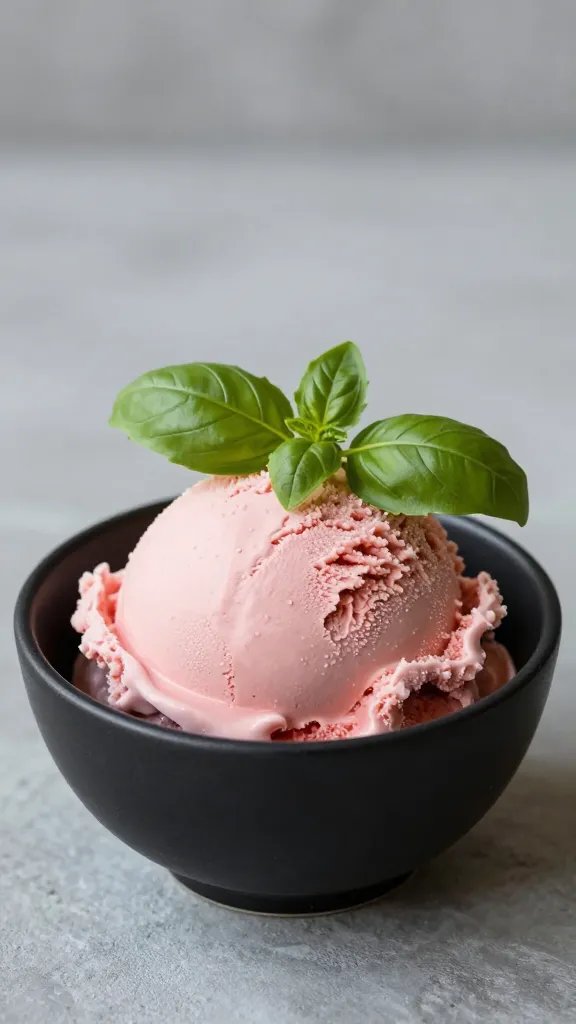 strawberry basil gelato scoop in matte black bowl