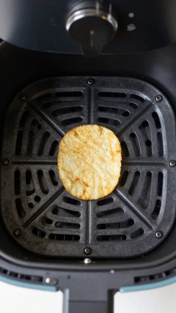 air fryer basket with one crisp chip centered