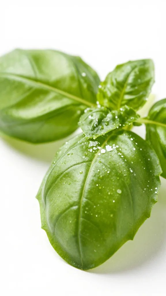 fresh basil leaf dusted with flaky salt, macro