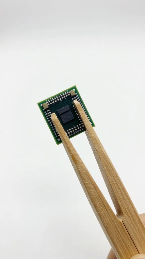 single chip balanced on wooden tongs, studio light