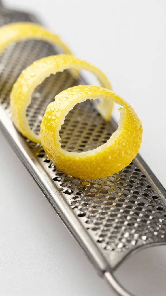 microplane with curled lemon zest ribbon, closeup