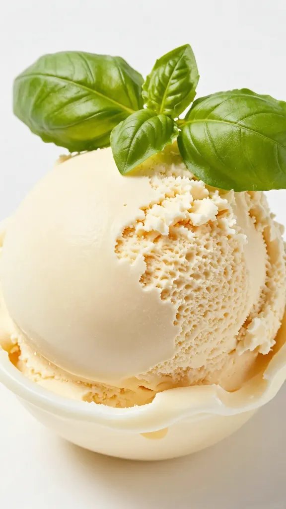 frosty gelato scoop with basil chiffonade garnish, macro