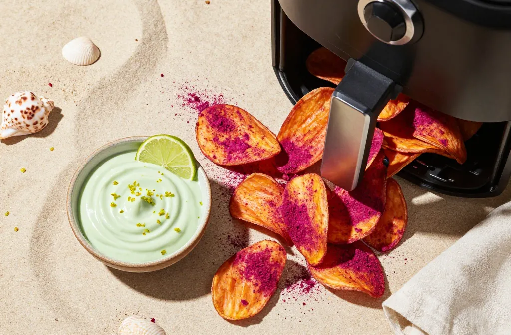 Beachy Crunch: Air Fryer Hibiscus-Dusted Sweet Potato Crisps, Key Lime Dip