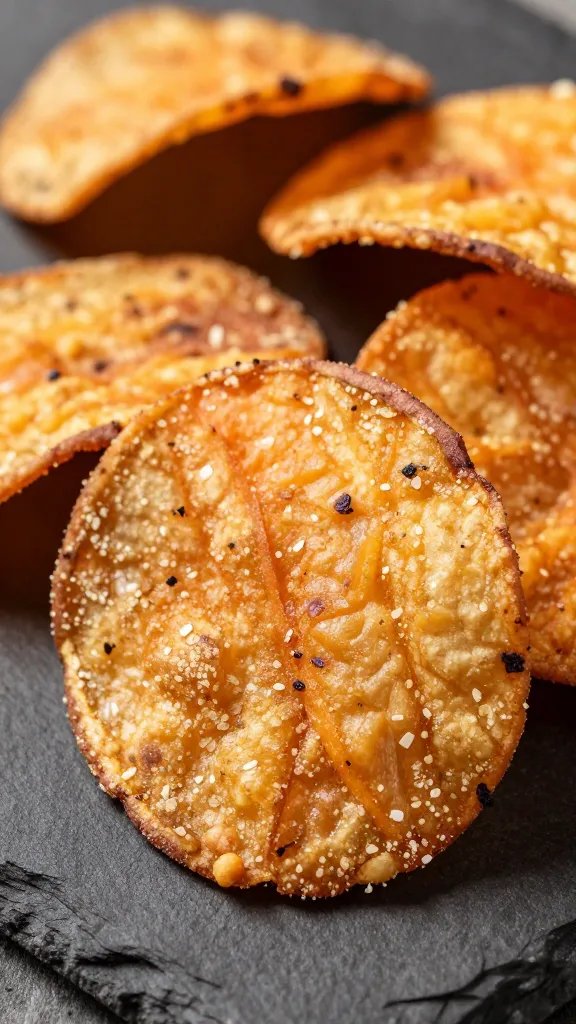 closeup of hibiscus-dusted sweet potato chip on slate