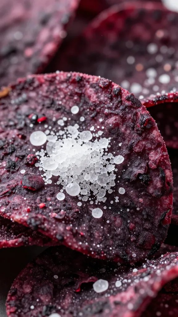 salt flakes on hibiscus-coated chip, extreme closeup