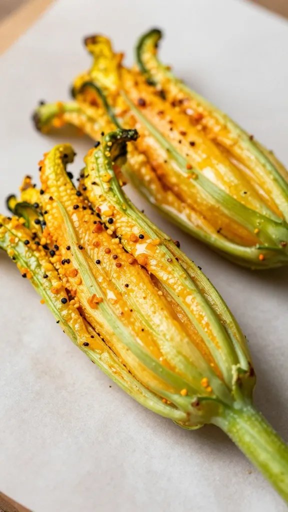 closeup of air-fried squash blossom on parchment