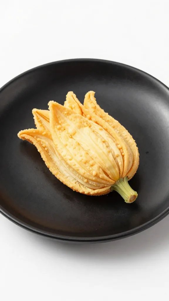 single squash blossom crisp on matte black plate