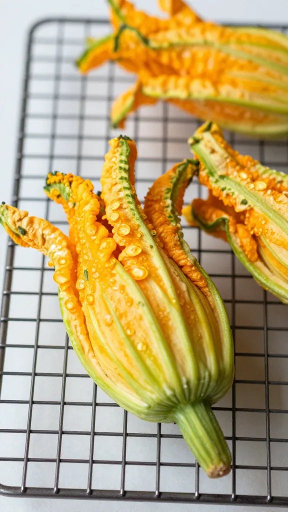 breadcrumb-dusted squash blossom on cooling rack