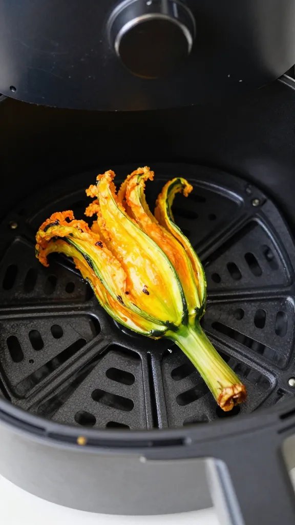 air fryer basket with one crispy squash blossom
