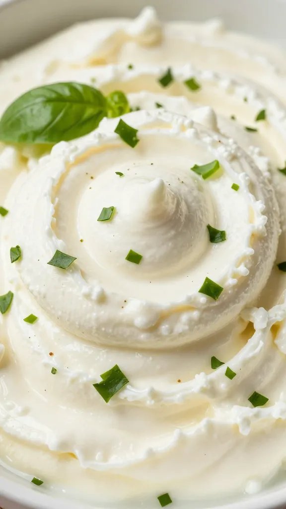 ricotta swirl topped with chopped basil, closeup