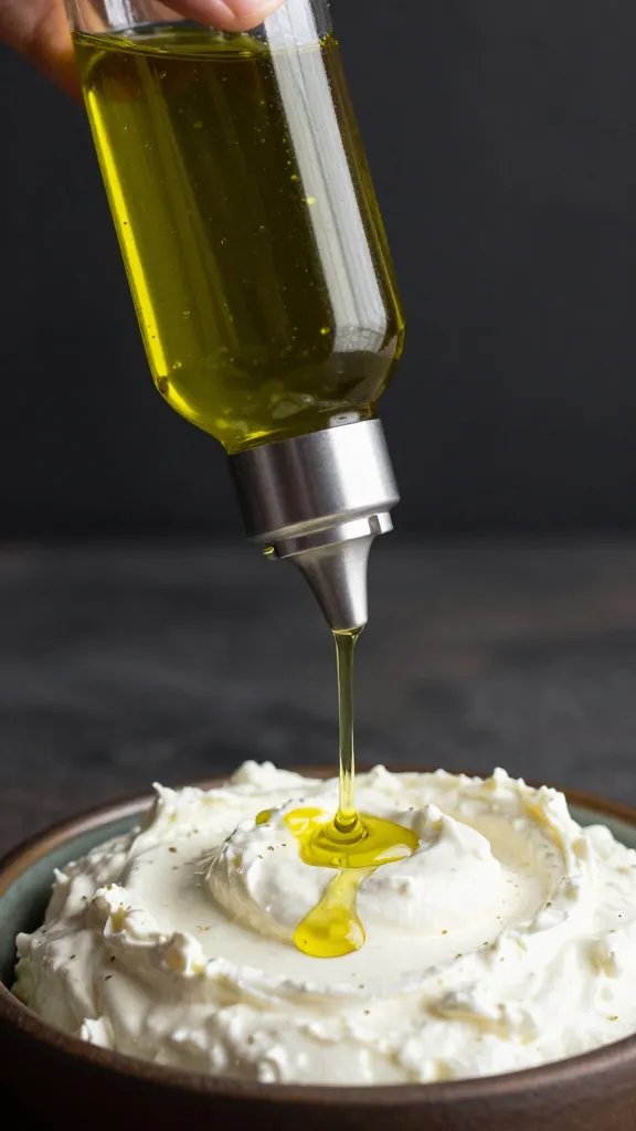 squeeze bottle drizzling olive oil on ricotta dip