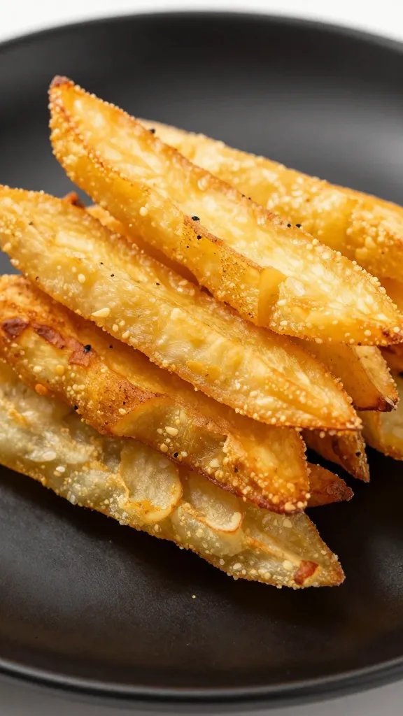 closeup of jicama fry stack on matte black plate