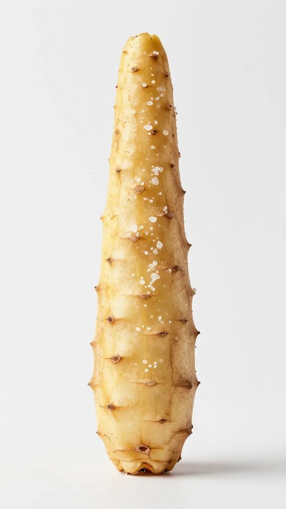single jicama stick with flaky salt, macro shot